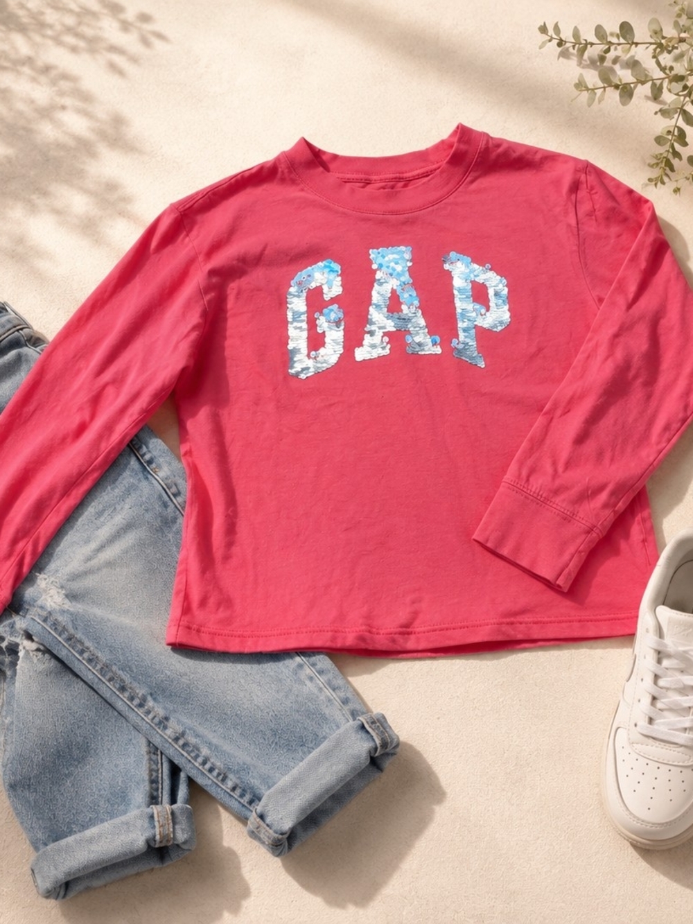 GAP Girls' Long Sleeve Sequin Logo - Bright Pink And Grey Bundle